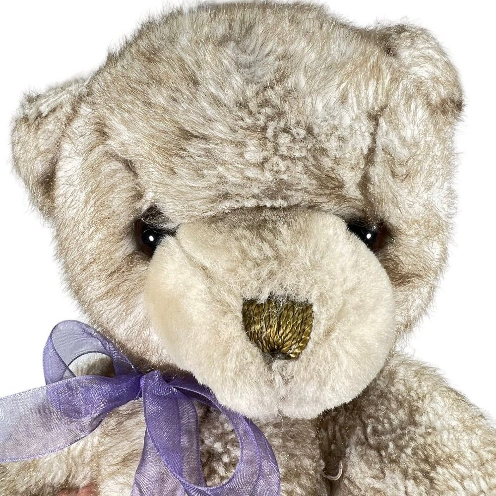 Vtg Commonwealth 2001 Plush Teddy Bear Stuffed Animal Beige Tan Purple Bow - Picture 8 of 12